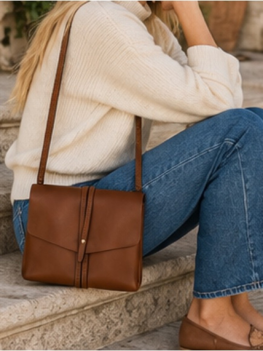 Vince Camuto Cognac Brown Leather Crossbody Flap Bag Adjustable Strap Minimalist